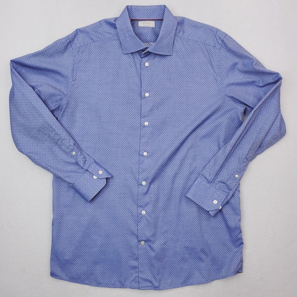 Eton Dress Shirt Mens 17 Blue Micro Polka Dot Non Iron Long Sleeve Woven Cotton